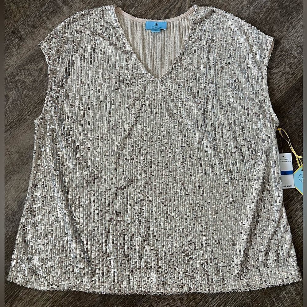 CeCe Sequined V-Neck Cap-Sleeve Silver Blouse-Size XL